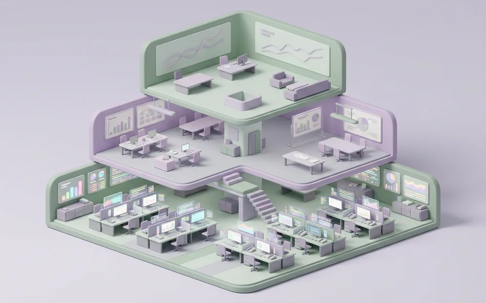Pastel isometric three-level office with live screens below and a quiet executive tier above