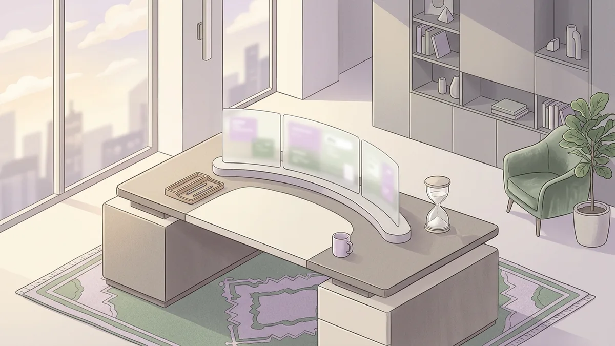 Soft pastel isometric executive desk with frosted glass screens and an hourglass in sage and lilac