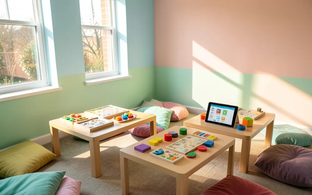 Bright, empty activity room with low tables holding tablets, wooden puzzles and colourful shapes beside floor cushions