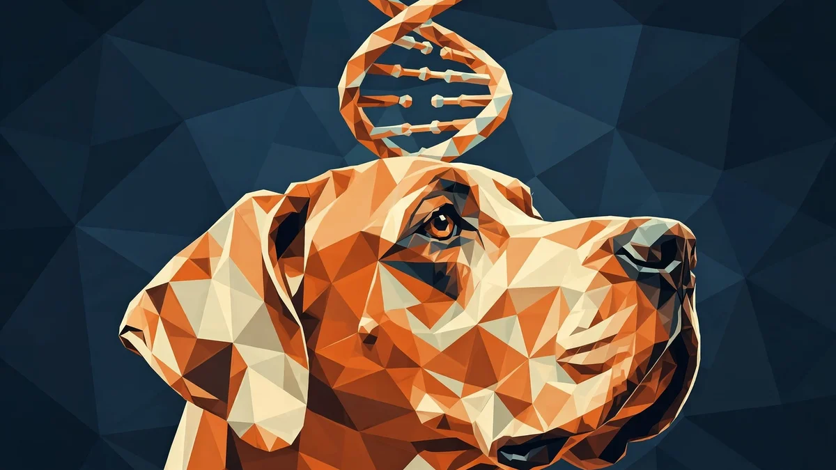 Low-poly geometric illustration of a Great Dane dog head in profile with a DNA double helix rising above it, burnt orange and cream facets on dark slate