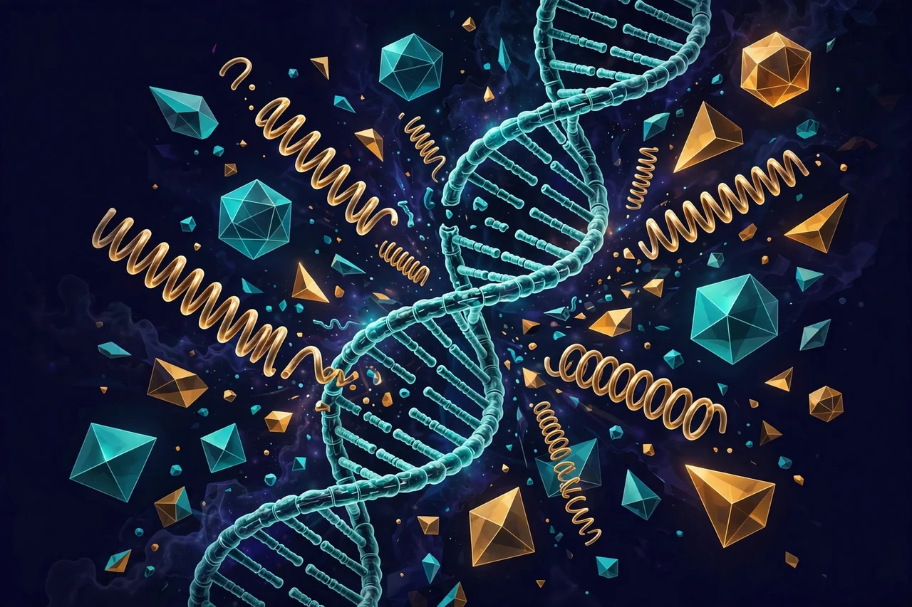Conceptual illustration of a DNA strand with coiled spring-like genetic elements leaping out of it, teal and amber on dark indigo
