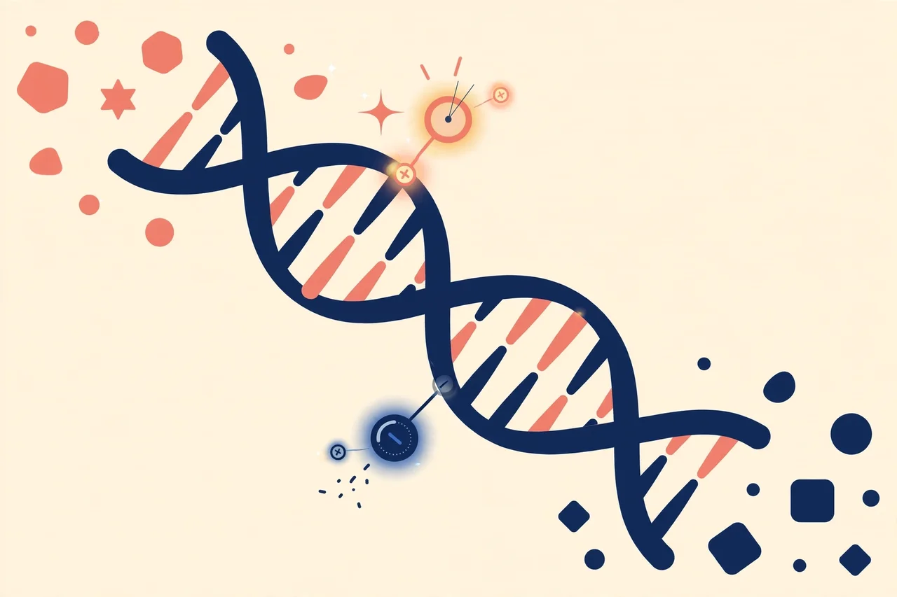 Flat vector illustration of a DNA double helix with small glowing chemical tags being added and removed along it