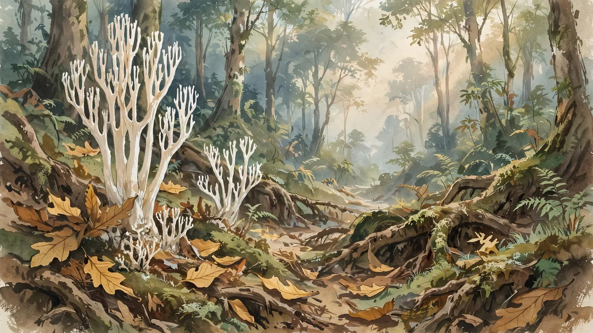 Gouache painting of giant white stalked fungi rising from a misty Yunnan forest floor among oak leaves and roots