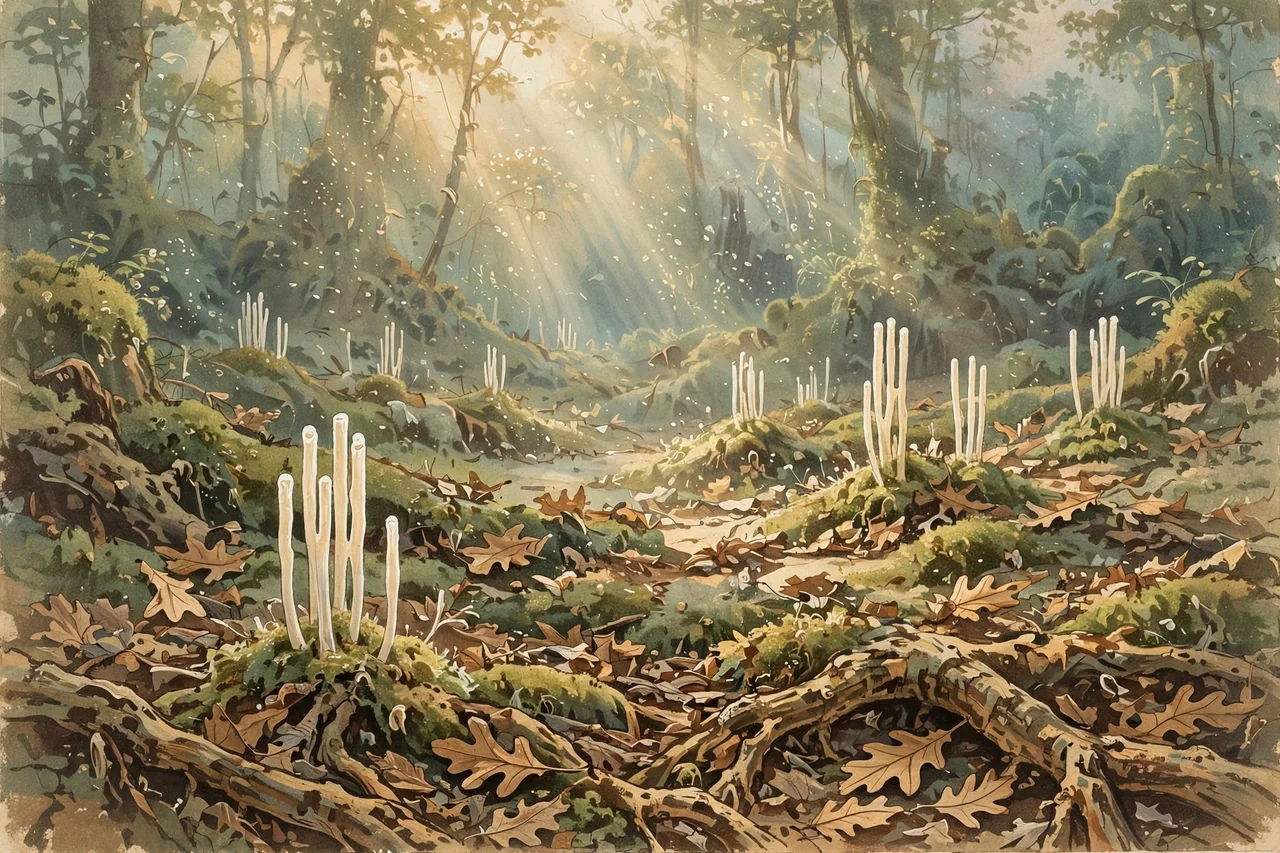 Gouache painting of several giant fungal stromata on a forest floor with spores drifting in shafts of light