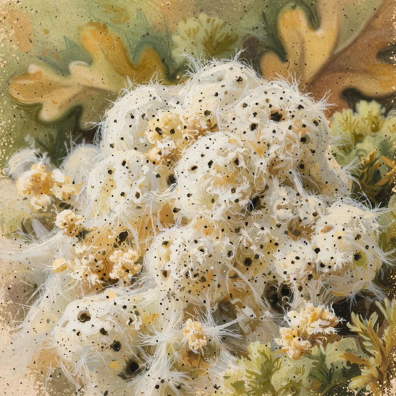 Gouache close-up of a whitish fungal stroma's powdery surface dotted with tiny dark spore sacs