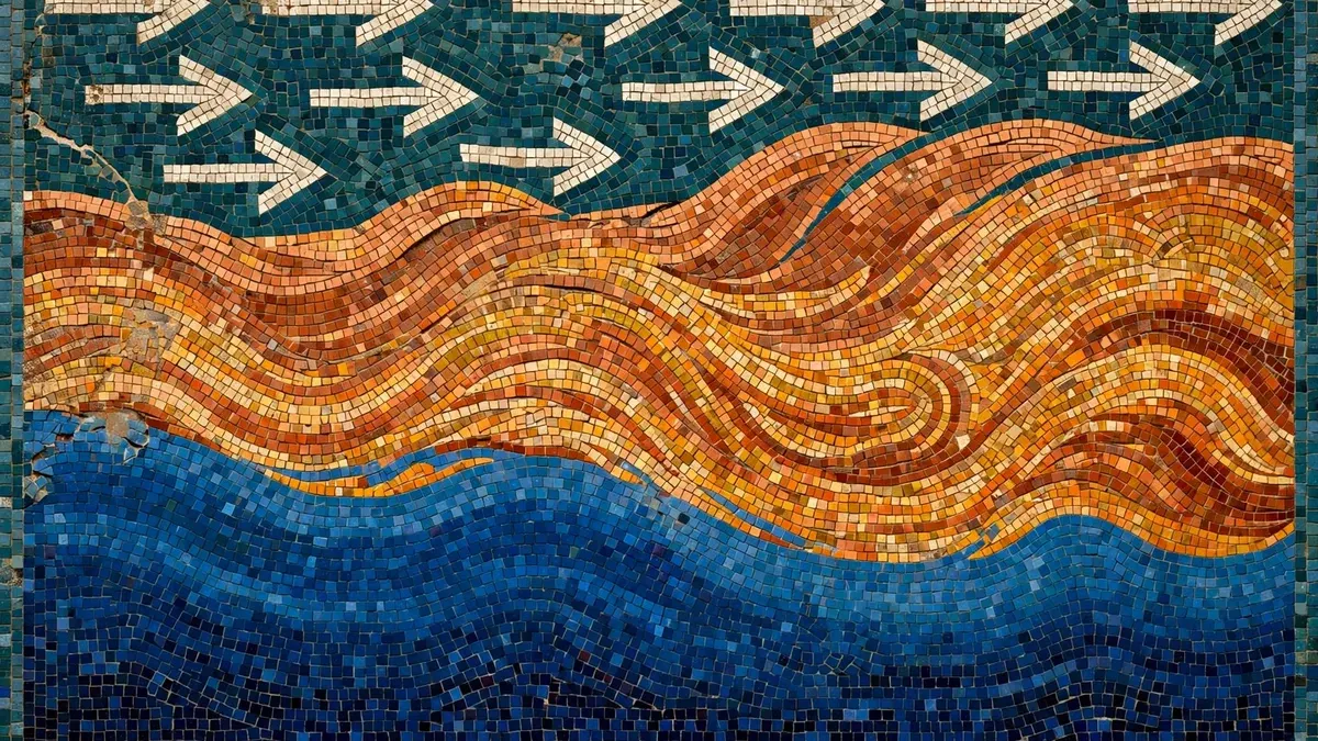 El Nino 2026 explained – mosaic illustration Mosaic tile artwork of the equatorial Pacific in cross-section, with warm terracotta and gold currents surging east over deep cobalt-blue water