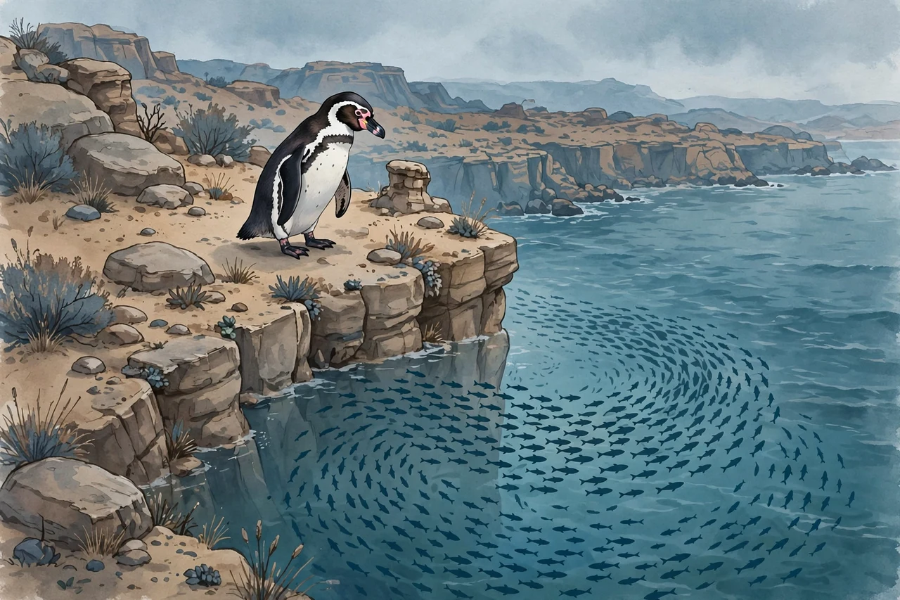 Illustration of a Humboldt penguin on a desert cliff above cold teal water, with anchovy silhouettes below