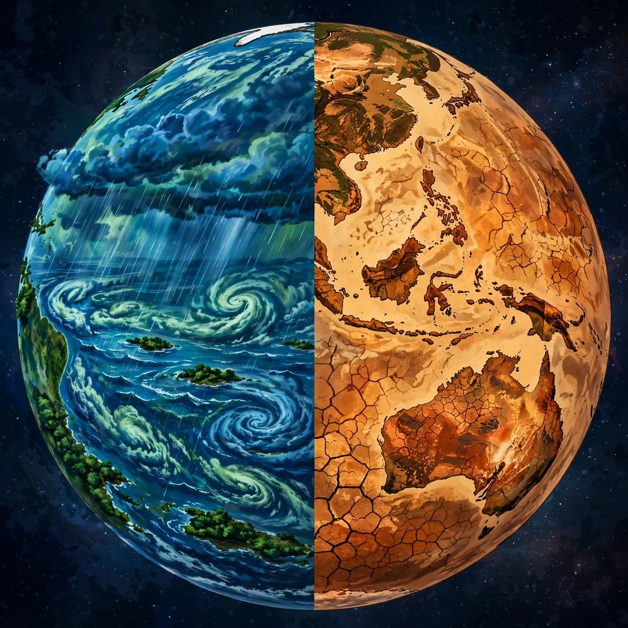Illustration of Earth split between heavy Pacific rain on one side and drought over Australia and Indonesia on the other