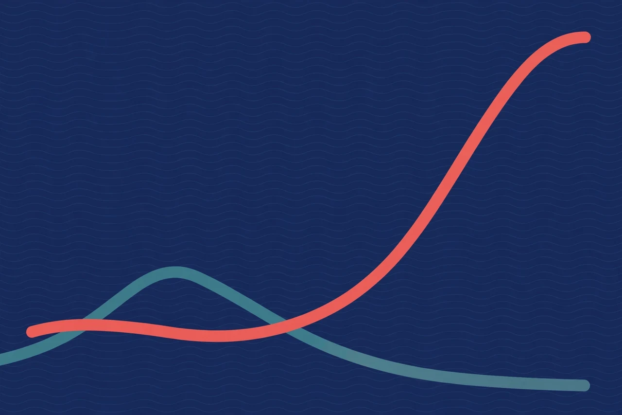 Illustration of an ocean temperature curve in coral red peaking above an older teal peak, showing the 30.06C record of October 5, 2026