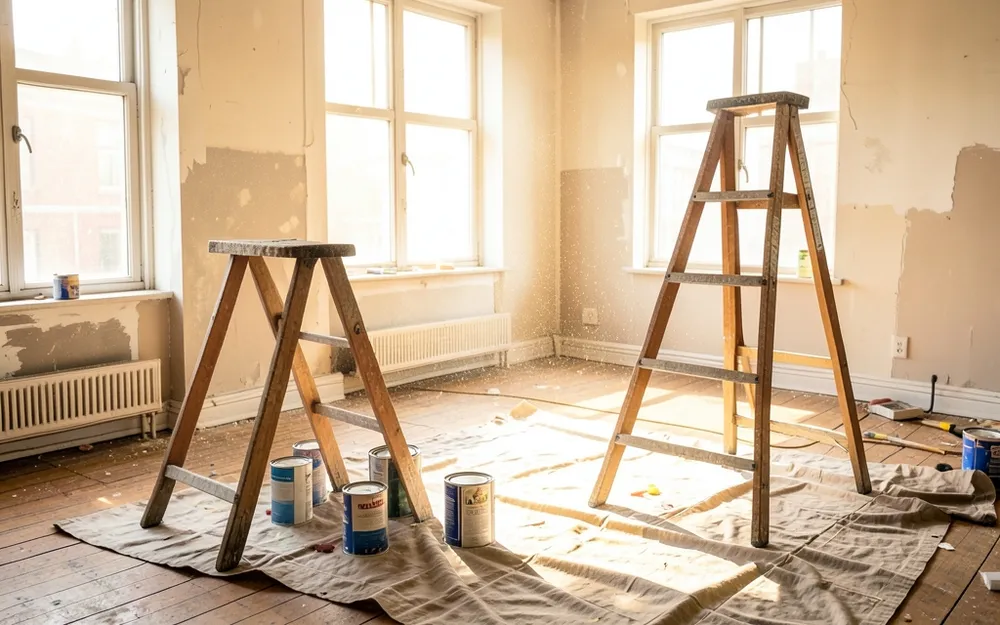 Empty shop interior under renovation with two stepladders, paint cans and drop cloths in bright window light