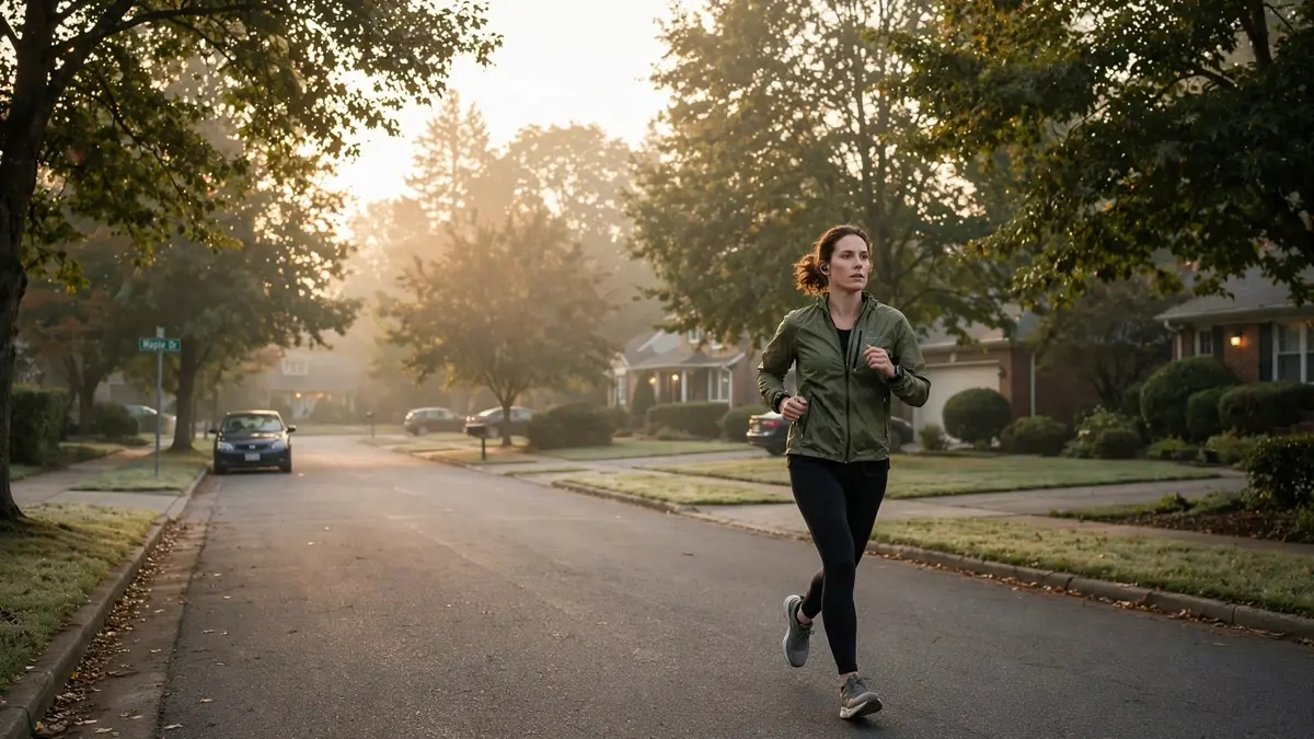 Exercise Featured A person jogging on a quiet road at dawn in soft golden light
