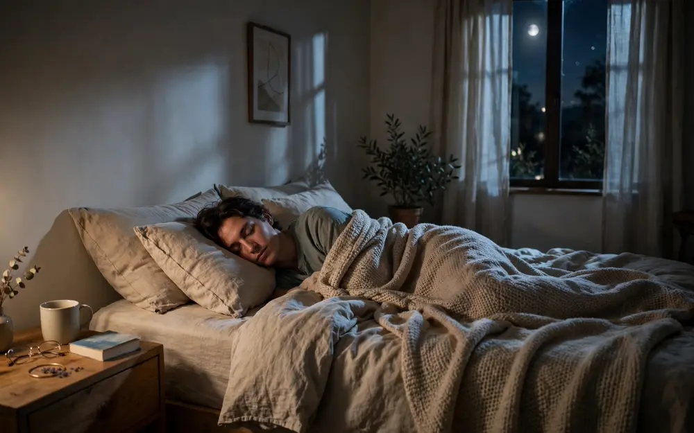 A person sleeping soundly in a moonlit bedroom