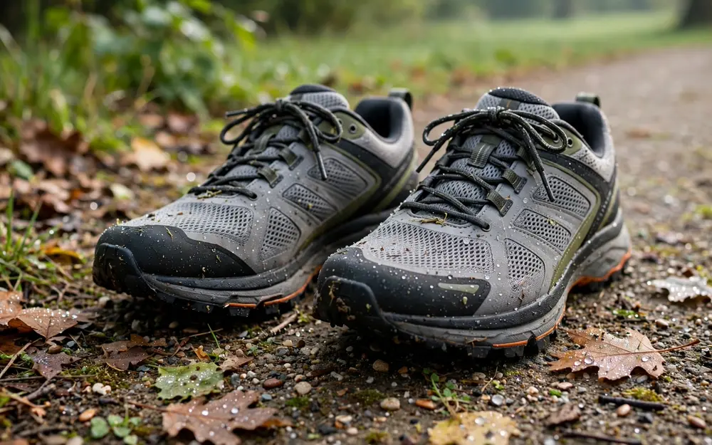 Walking shoes on a park path in morning light