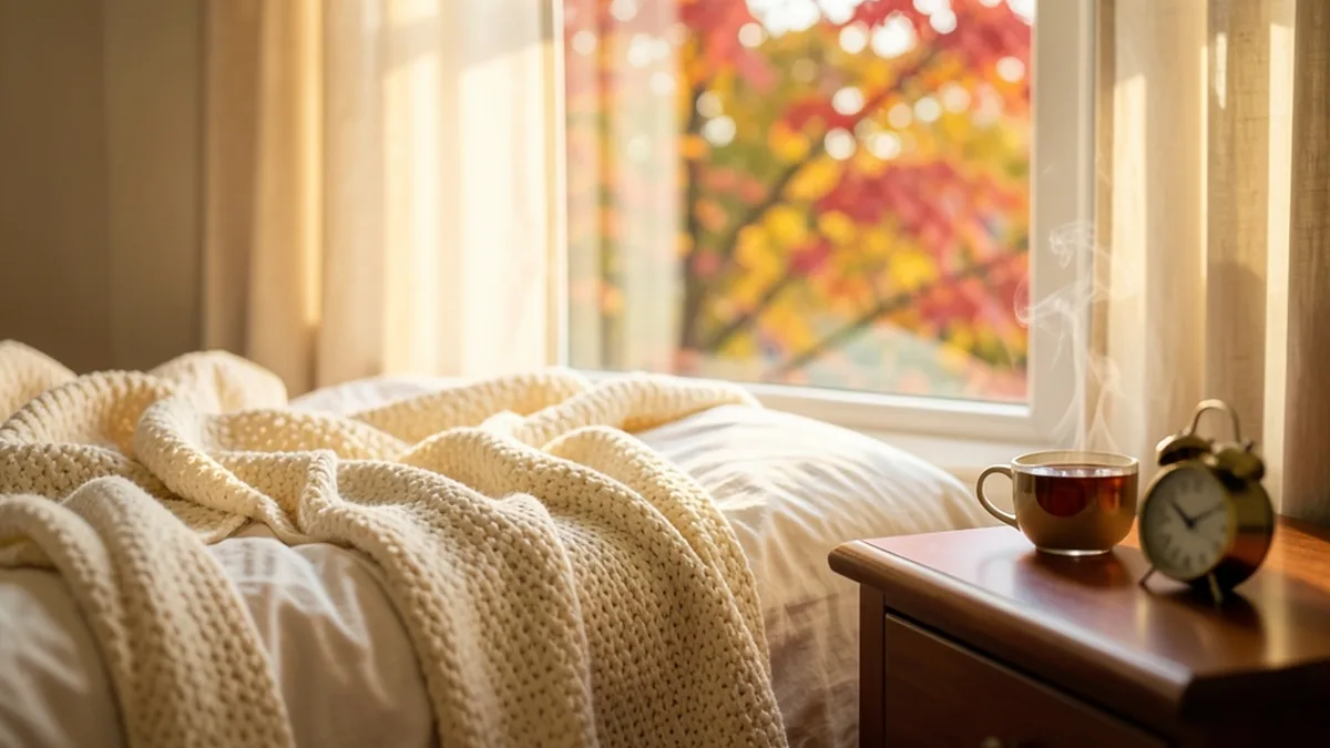 Sunlit bedroom at dawn with a knitted blanket, a cup of herbal tea and a small brass alarm clock on the nightstand