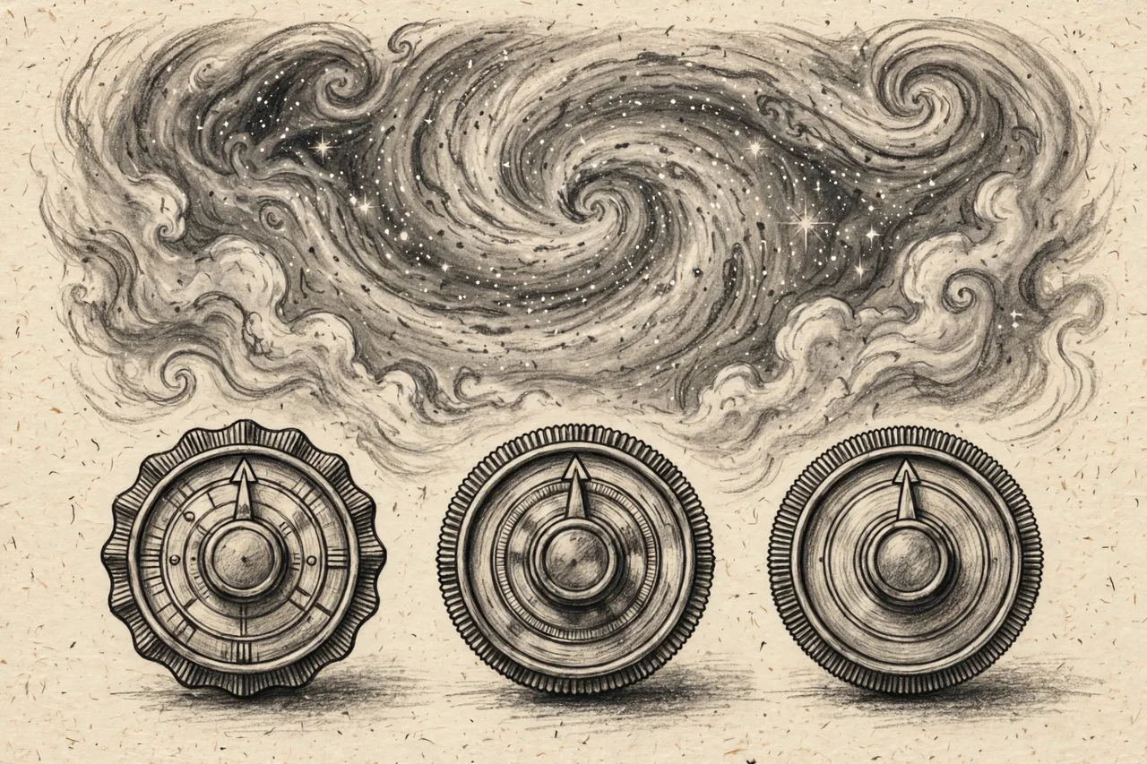 Charcoal sketch of three old-fashioned tuning dials against a swirling starry background