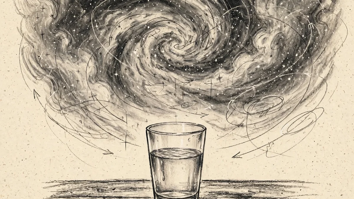 Charcoal sketch of a glass of water on a table beneath a swirling starry cosmos with faint mathematical symbols