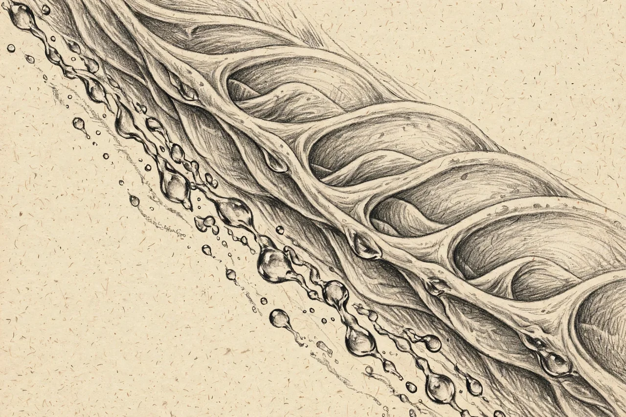 Charcoal sketch of water droplets flowing diagonally past curved cell membranes on cream paper
