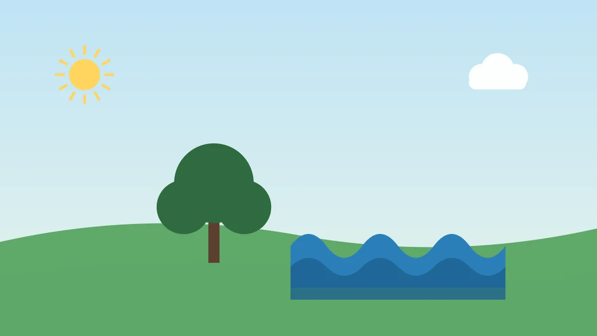 Illustration of a tall tree beside a winding river under a sunny sky