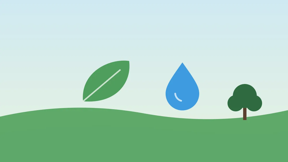 Illustration of leaves, a water drop and a tree representing a wetland forest