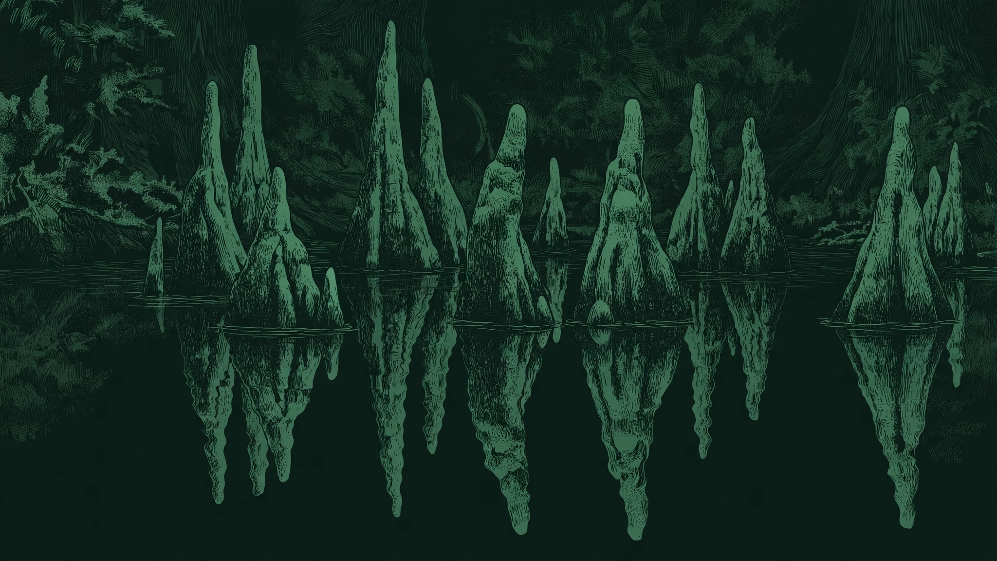 Cypress knees rising from still dark water with mirror reflections, in deep green duotone
