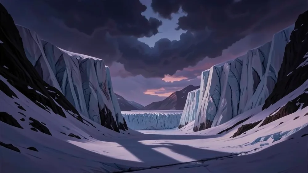 A long shadow stretches across a violet Alpine glacier valley under storm clouds at dusk