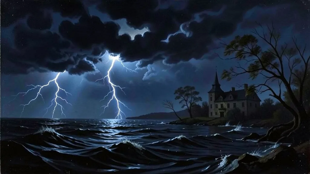 Frankenstein featured: storm over Lake Geneva Lightning splits a stormy indigo sky over Lake Geneva at night, a stone villa silhouetted on the shore