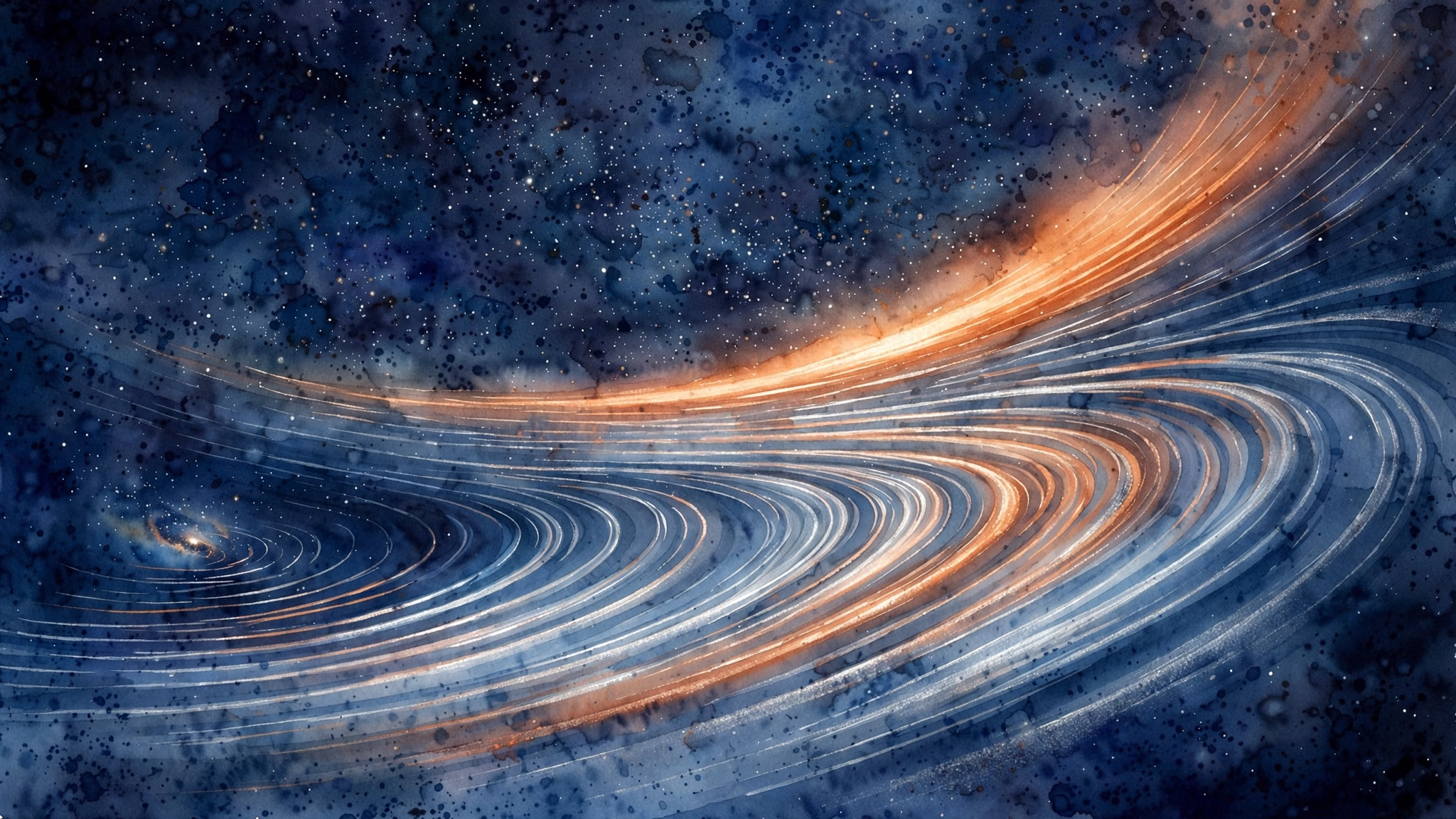 Watercolour illustration of a fast radio burst sweeping across deep space