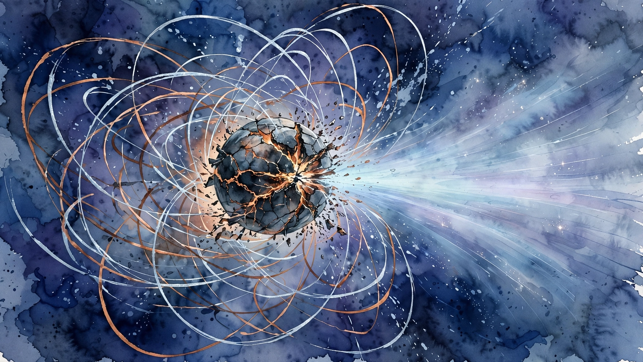 Watercolour illustration of a magnetar cracking open in a starquake, magnetic field lines looping around it