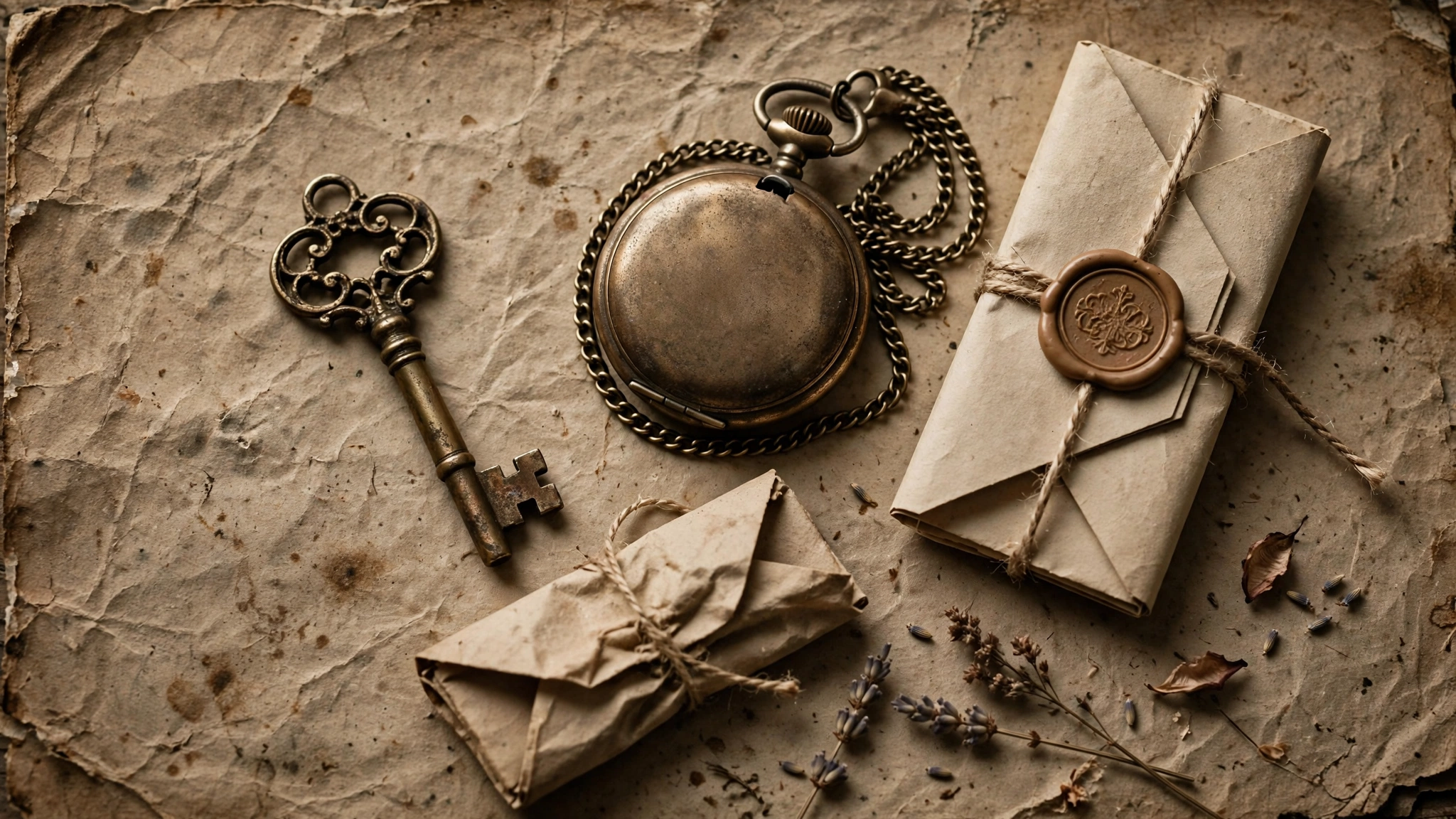 Sepia still life of small heirloom objects on aged paper
