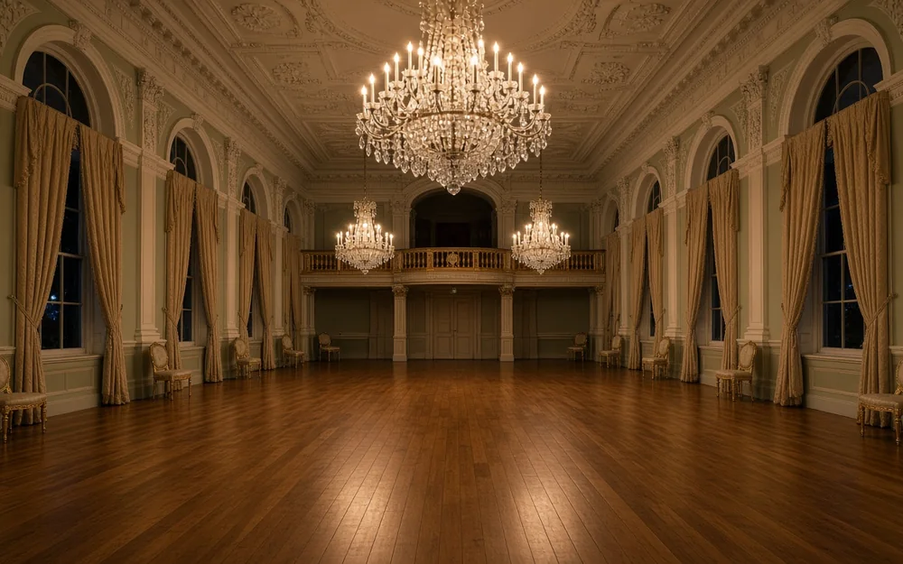 An empty Georgian assembly room with pale green panelled walls, crystal chandeliers and a polished oak dance floor glowing in candlelight