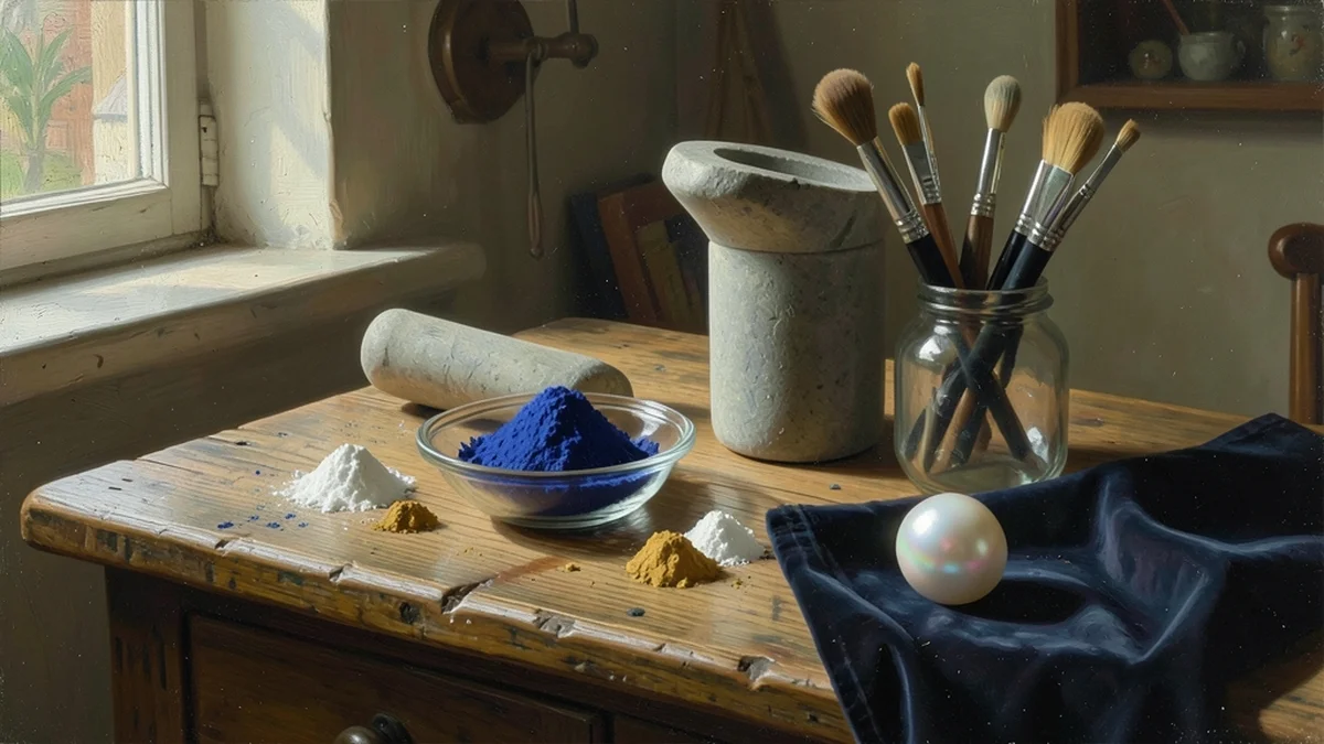 Dutch studio table with blue ultramarine pigment, brushes and a single pearl on velvet