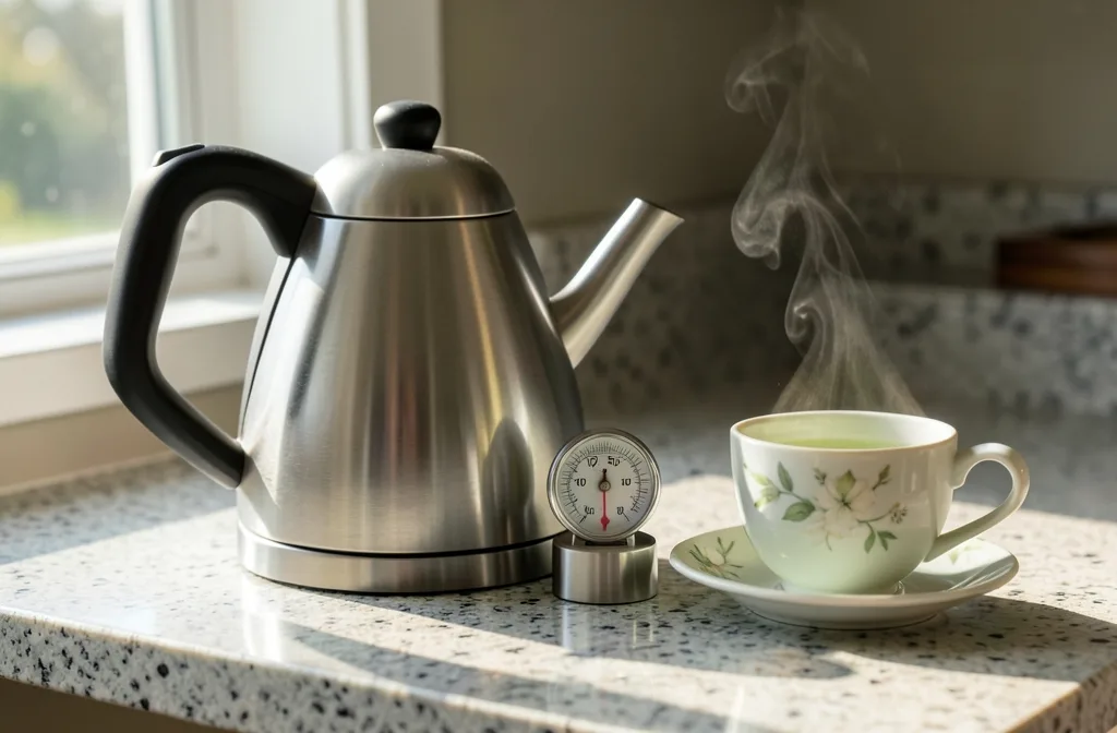 Gooseneck kettle and a small thermometer beside a cup of pale green tea on a kitchen counter