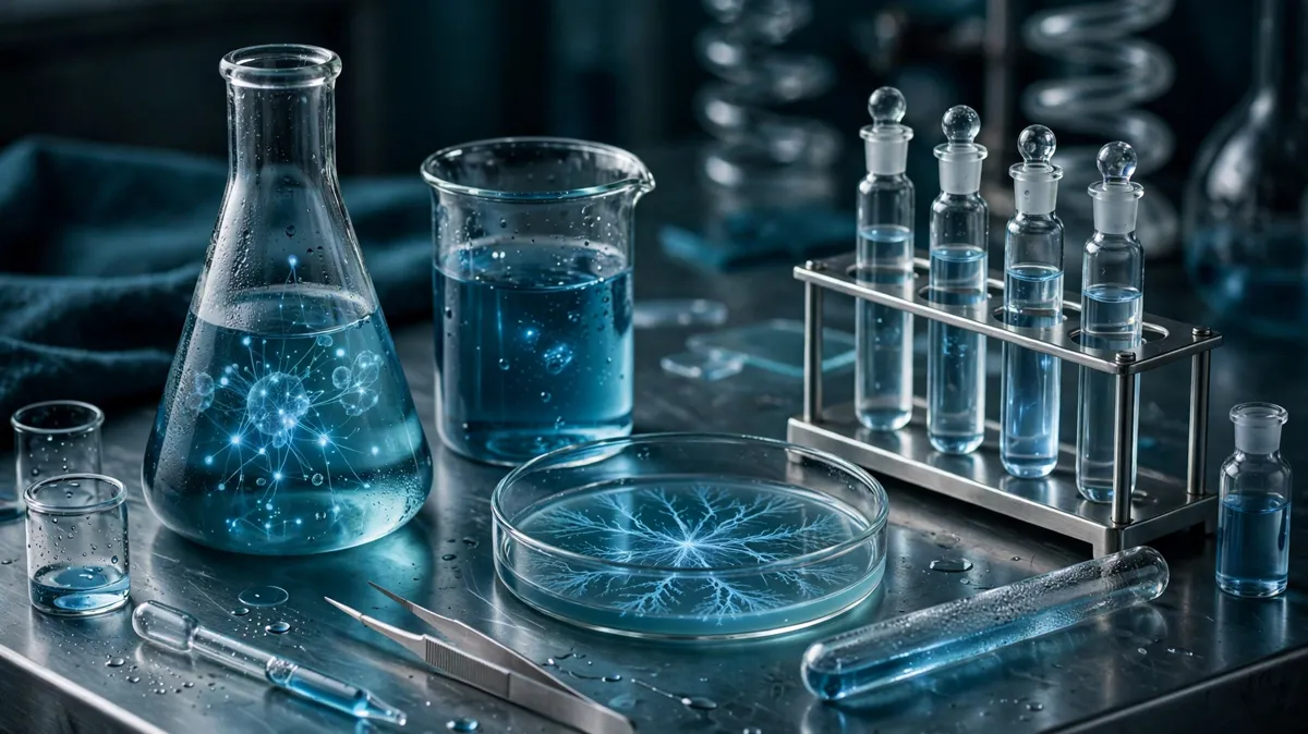 Laboratory glassware with blue liquids on a bench, suggesting cell signalling research