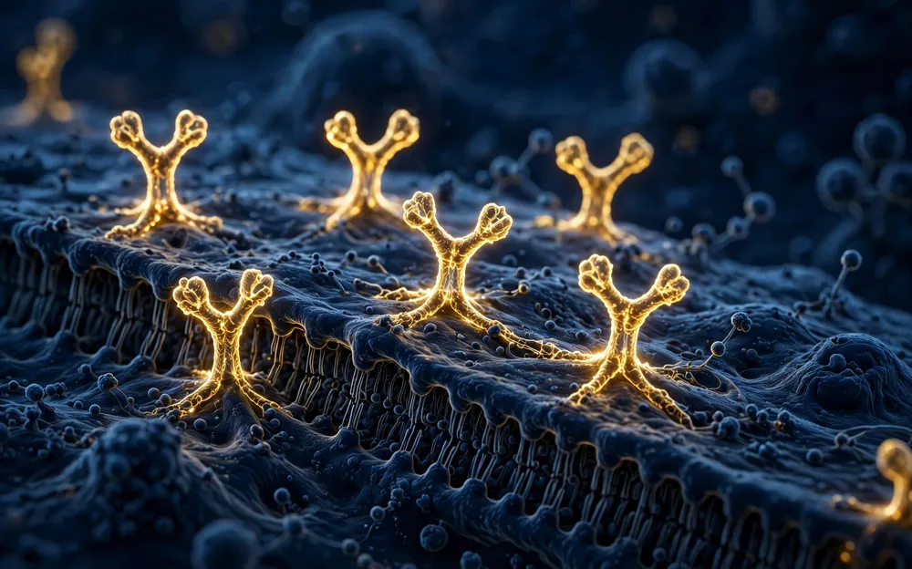 Glowing golden receptor shapes on a dark blue cell membrane surface