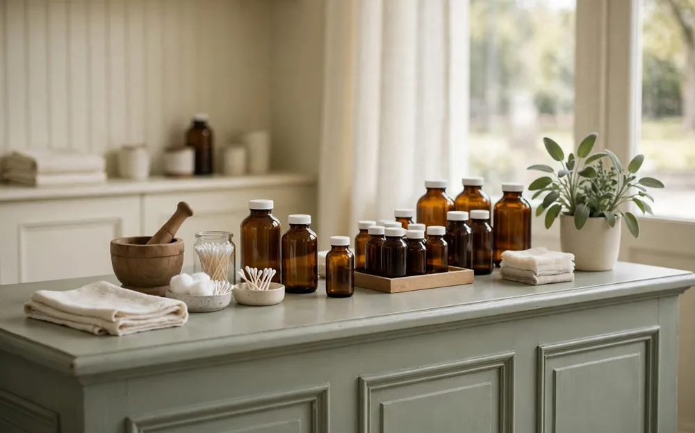 Amber pill bottles on a pale pharmacy counter in soft window light
