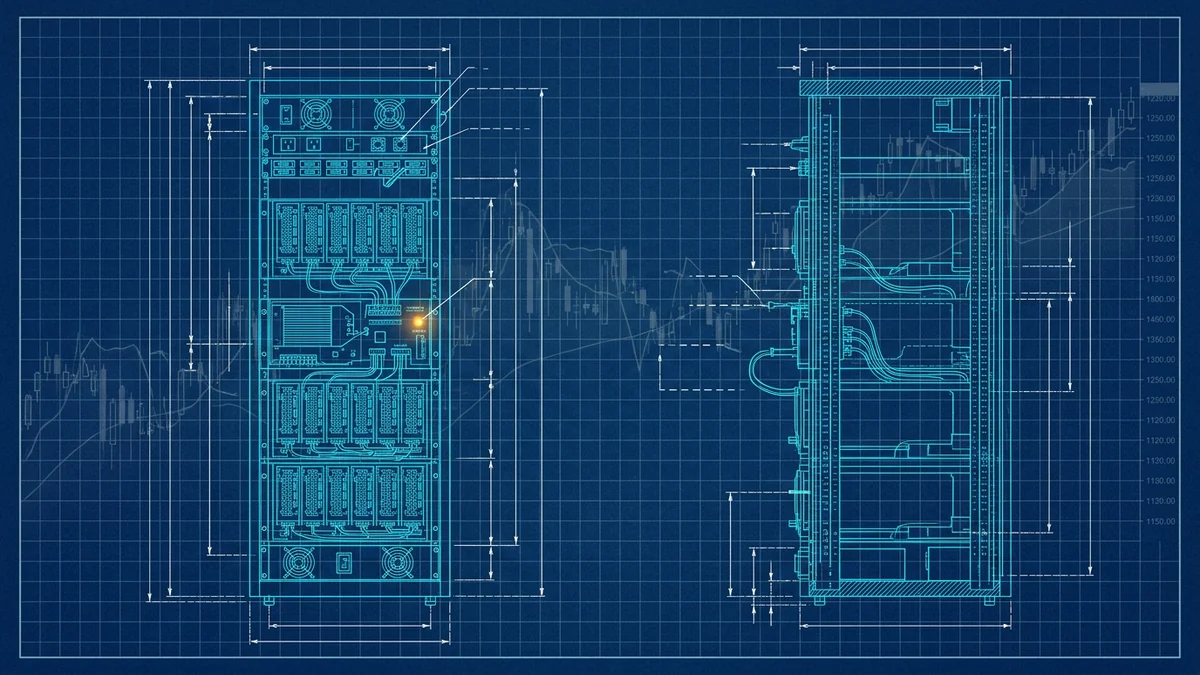 Blueprint-style illustration of GPU server racks with cyan drafting lines on navy paper and an amber accent