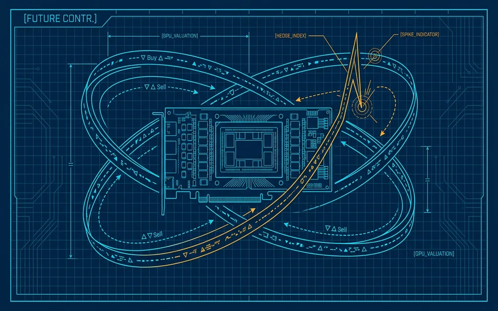 Blueprint illustration of a GPU chip encircled by futures-ticker ribbons with an amber price spike