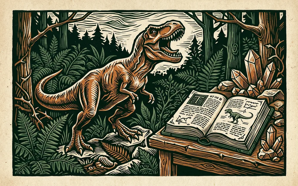 Woodcut of a stylized Tyrannosaurus beside an open book and mineral crystals on a museum desk