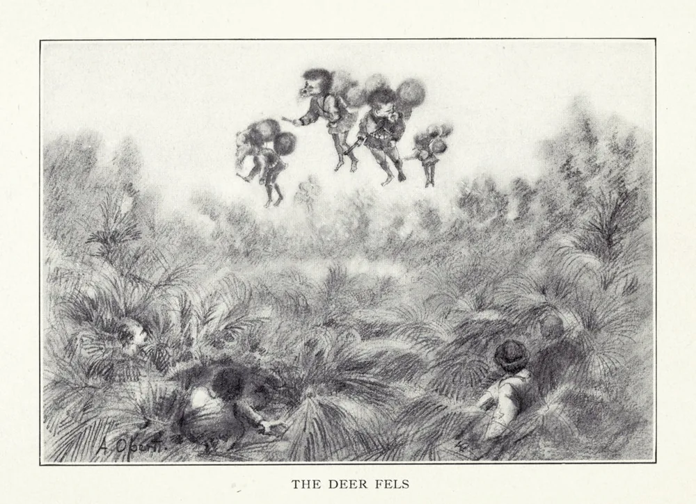 1915 book illustration of small figures floating above a fern landscape titled The Deer Fels
