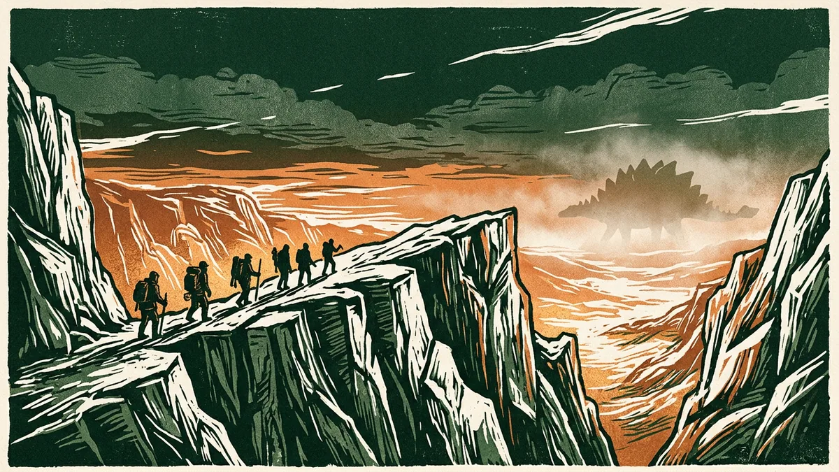gratacap featured Woodcut of explorers crossing an Arctic ridge toward a warm valley with a dinosaur silhouette in mist