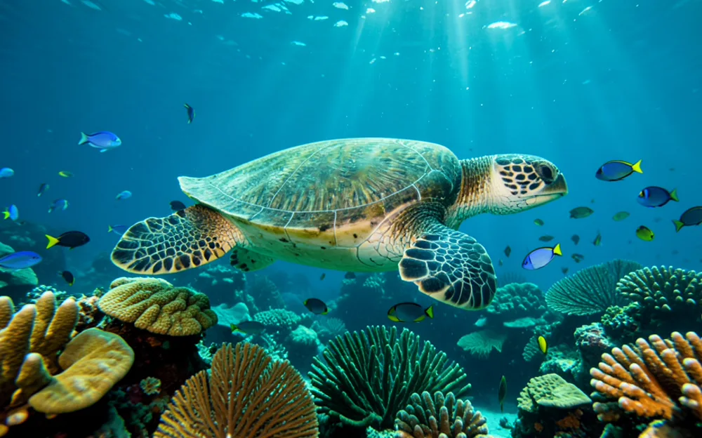 Green sea turtle gliding over a coral reef with sun rays filtering through clear blue water