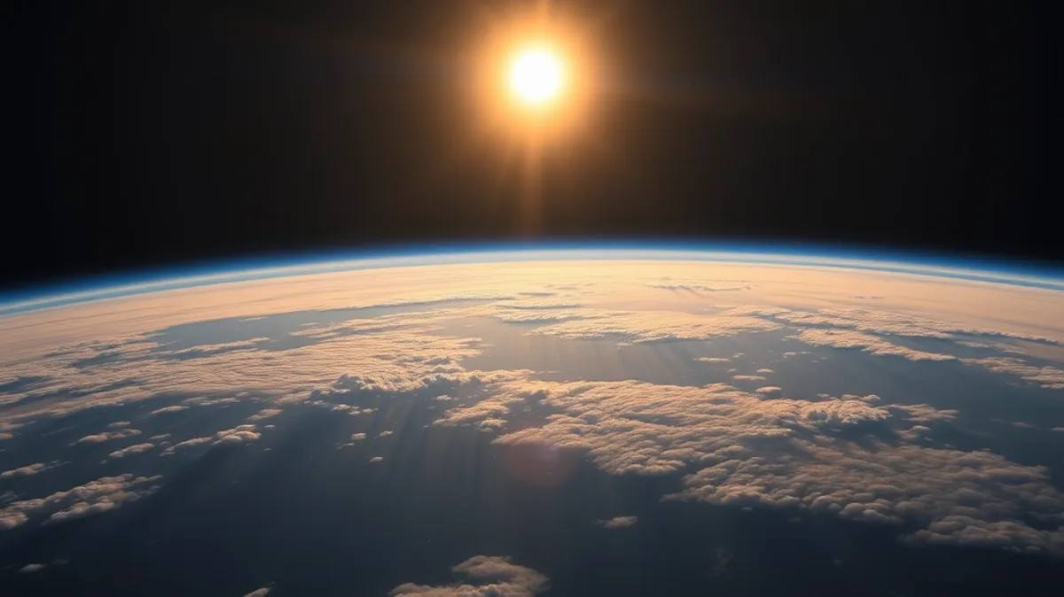 Earth seen from orbit at dawn, sunlight over clouds and a thin blue atmosphere