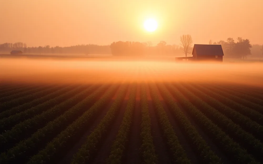 Sunrise over misty farm fields with a red barn in the distance