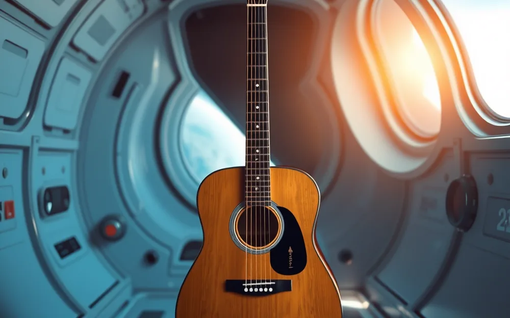 An acoustic guitar floating in a bright space station cabin near a round window