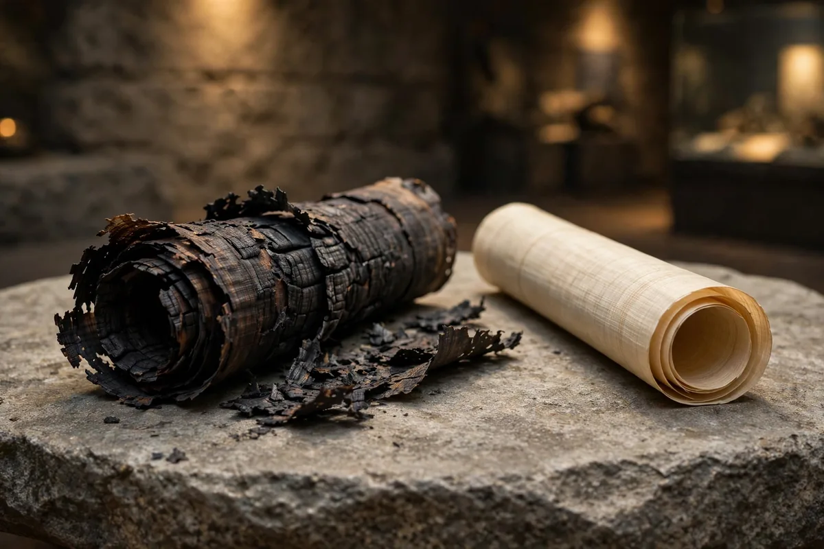 Illustration of a charred blackened ancient papyrus scroll lying beside a fresh beige papyrus scroll