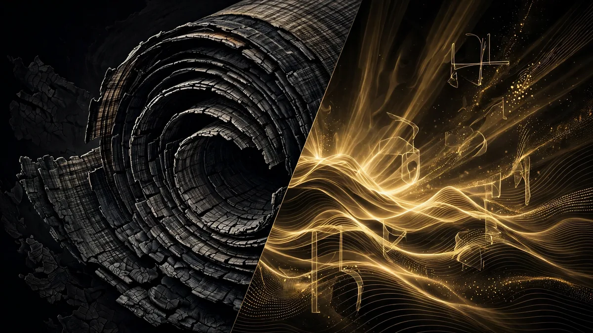 Duotone illustration of a charred scroll cross-section beside glowing golden X-ray waves with letter shapes