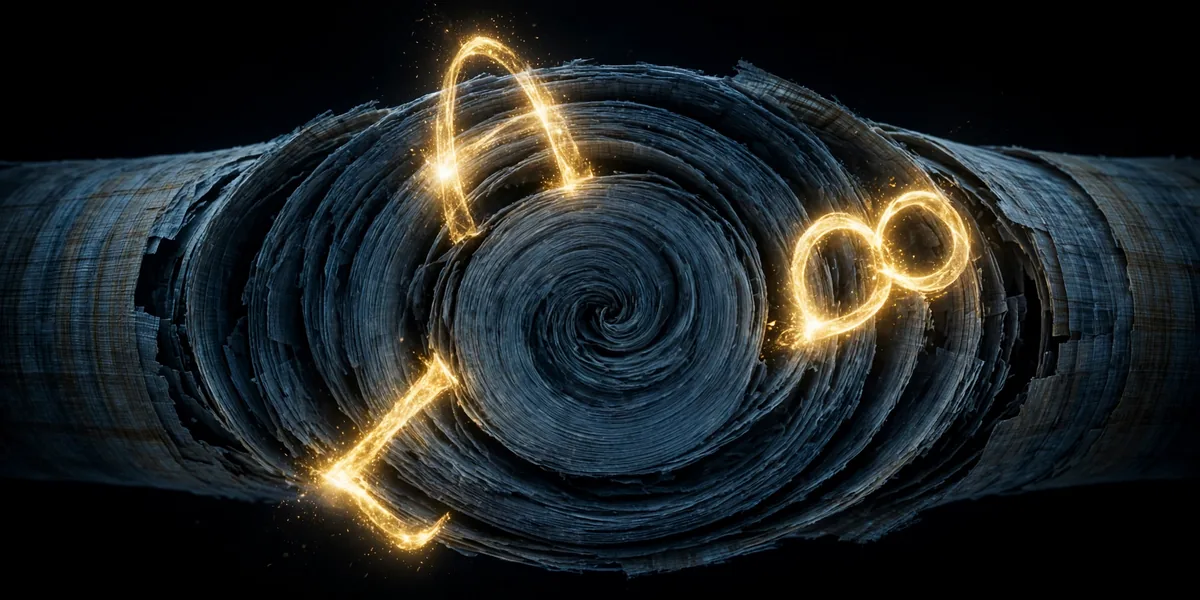 Illustration of an X-ray scan of a scroll cross-section with glowing golden letters emerging from dark layers