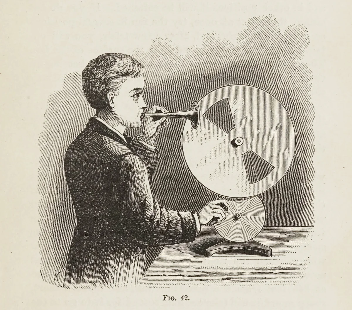 Nineteenth-century engraving of a boy blowing into a horn-shaped mouthpiece connected to a large disc, in an experiment on sound vibrations