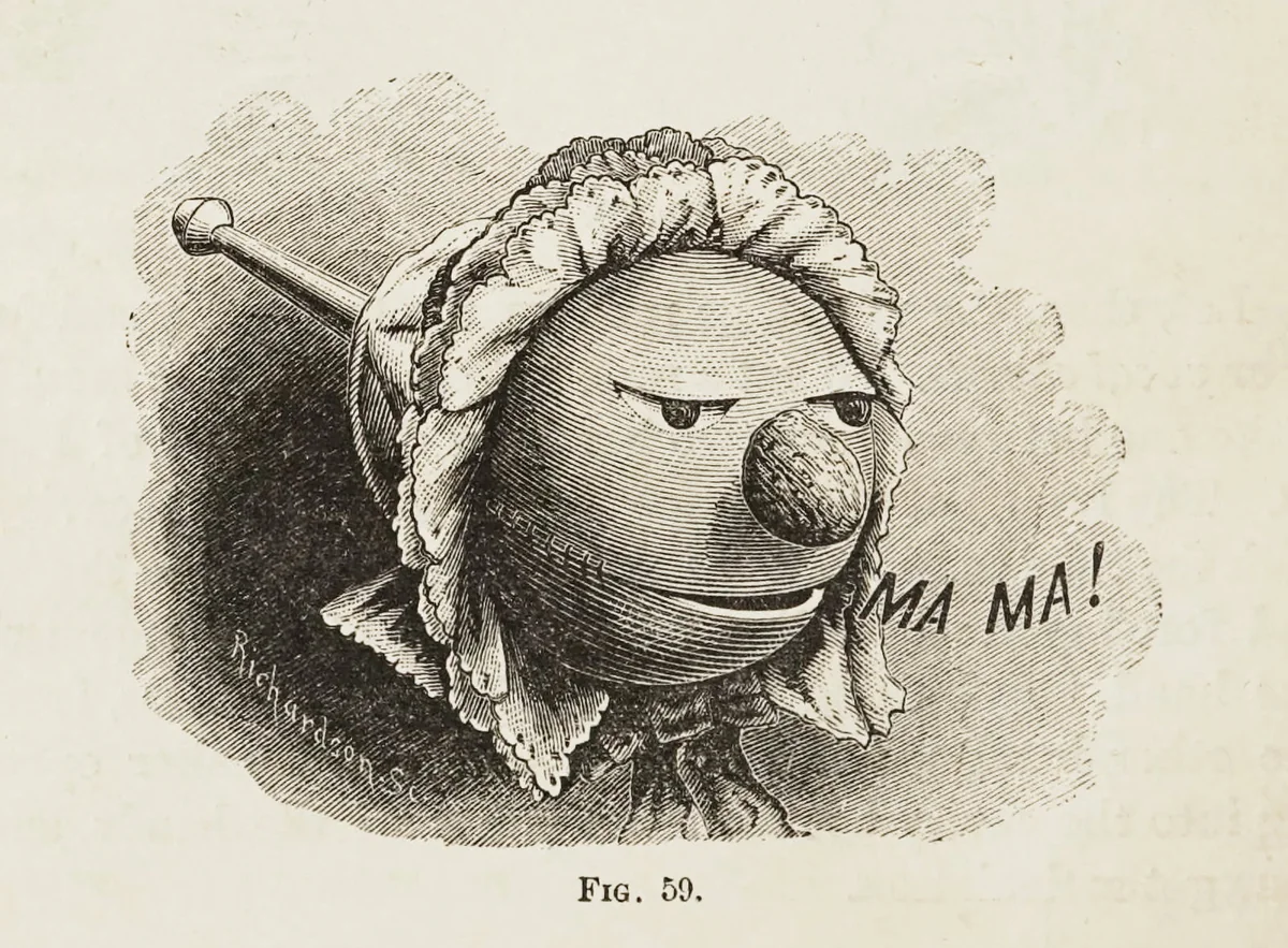Engraving of a round head in a frilly bonnet with the words “MA MA!”, a talking machine made from an orange