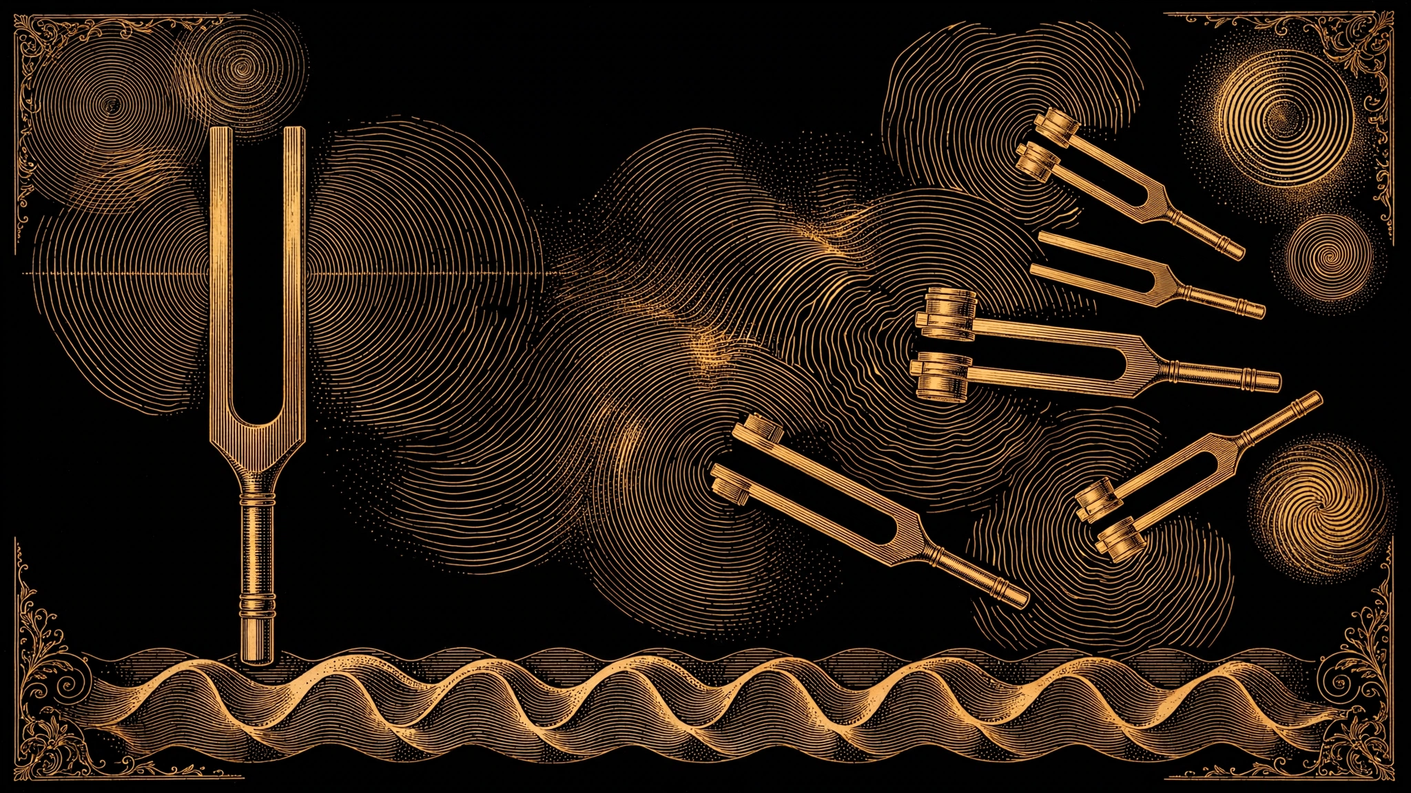 Vintage engraving-style sound waves and tuning fork in amber on black